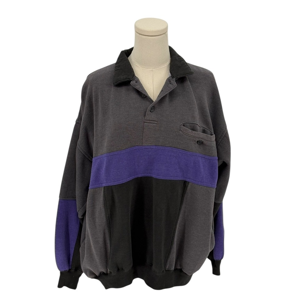 Willow Bay Vintage Gray Purple Color Block Long Sleeve Polo Shirt Sweatshirt XL